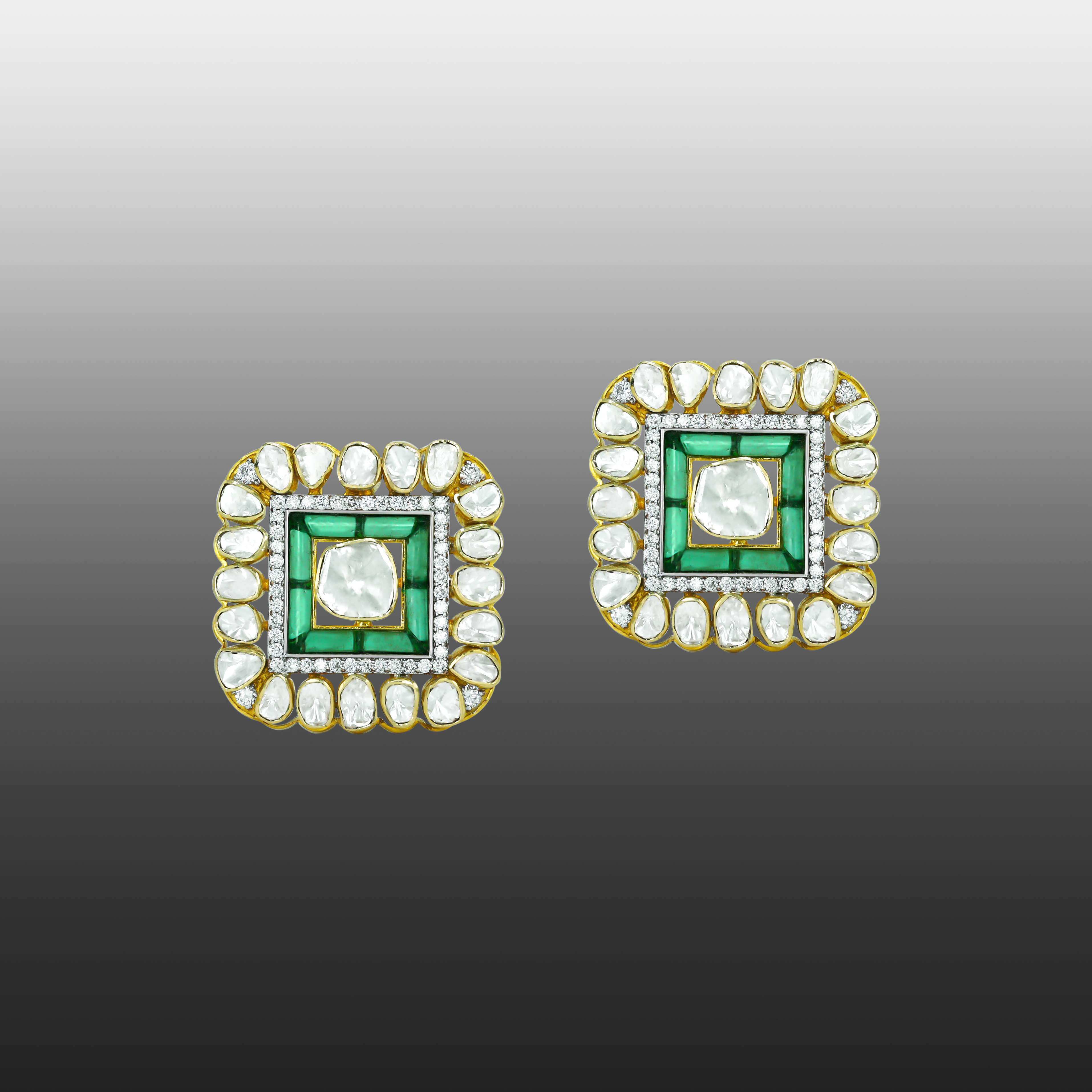 Square Polki Studs with Green Talaf